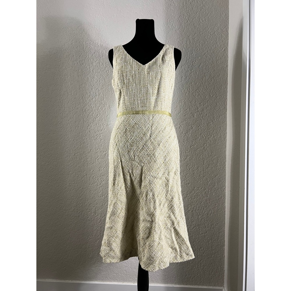 Ann Taylor Tweed Boucle V Neck Midi Dress Ivory Gold Ribbon Waist Sheath